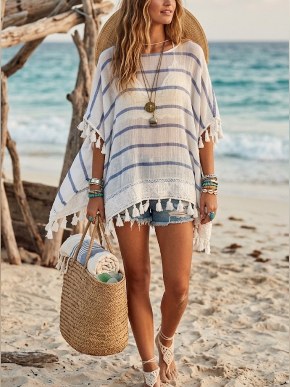 Chicos Poncho S/M Blue Striped Pullover Gauze Cotton Fringe Beach Boho
